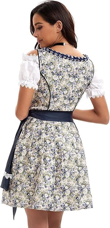 Dirndl til kvinder, traditionel midikjole til kvinder, dirndl-kjole med blonder inkl. dirndl-bluse og dirndl-forklæde, 3 dele, til Oktoberfest og blue S