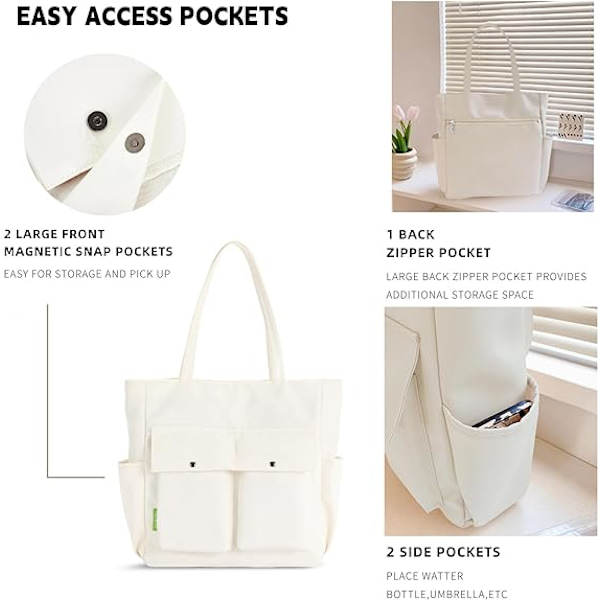 Kvinnor Multi Fickor Dragkedja Vattentät Lätt Tote Väska Casual Stora Axel Handväskor Söta Canvas College Totes