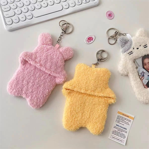 Tegneserie Plys Fotolommeholder med Nøglering Vedhæng Kawaii Kat Sød Kortlomme Student (pink)