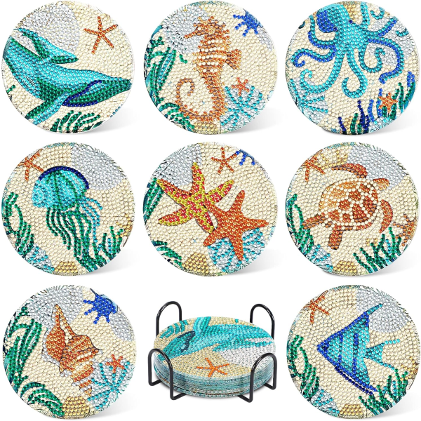 8 st Ocean Diamond Art Painting Coasters Kits med hållare, Diamond Art Non Slip Coaster Kits DIY med hållare Hantverk