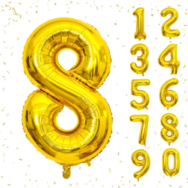 40 tommers gull helium mylar folie nummer ballonger, nummer 8 ballong for bursdagsdekorasjoner for barn, jubileumsfestdekorasjoner