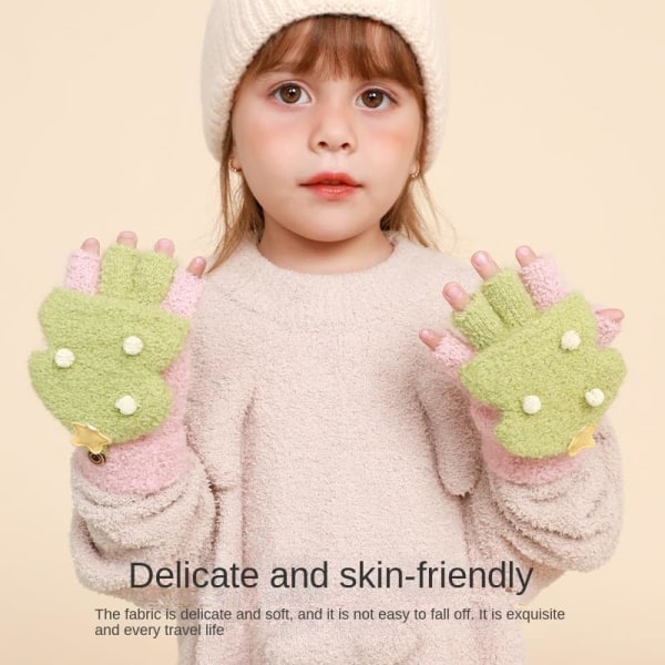 Lasten lämpimät hanskat ylöskäännettävät joulupuolisormikäsineet sametilla ja paksunnalla alakoululaisille, vaaleanpunainen vihreä, 1 pari