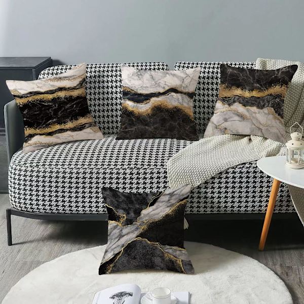 Dekorativa kuddfodral i linne med marmorstruktur, 18x18, set om 4, svart och guld, för soffa, soffa, vardagsrum