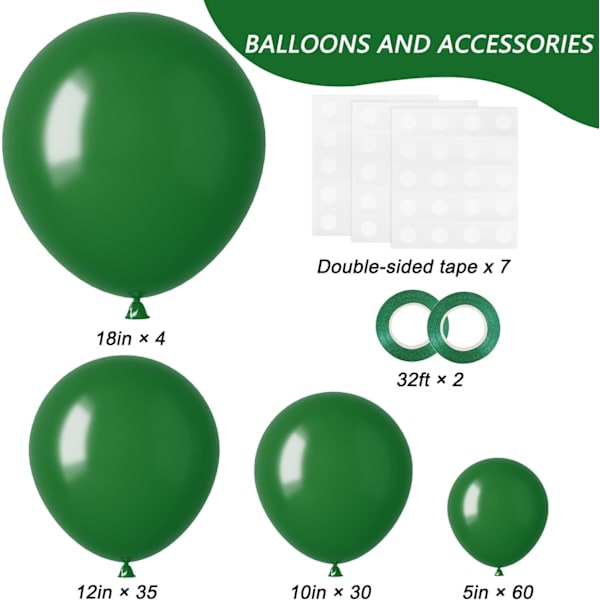 129 stk. mørkegrønne balloner i forskellige størrelser 18 12 10 5 tommer grøn latex ballonbue
