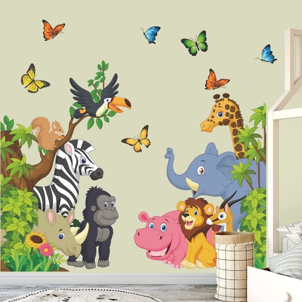 Tegnefilm dyr vægmærkat Jungle dyr vægklistermærker Elephant Lion Zebra Sommerfugl vægdekoration til børn Baby DIY Vinyl vægmaleri kunst