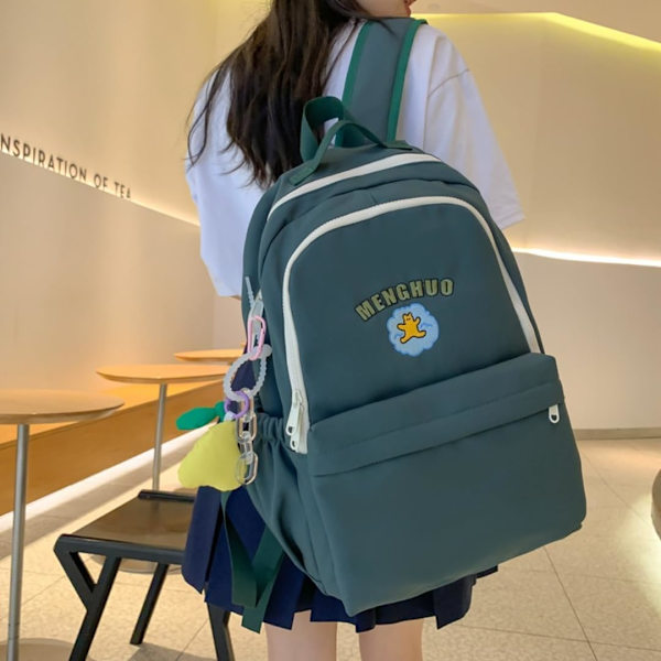 Söt Ryggsäck Kawaii Ryggsäck för Skola Estetisk Ryggsäck Kawaii Skolartiklar Söta Ryggsäckar med Tillbehör (Grön)