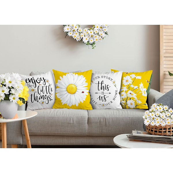 Vårfodral för kuddar 18x18 tum Set om 4, Gårdsvår Sommar Dekor Daisy Floral Gul Kuddöverdrag för Soffa Inomhus Utomhus