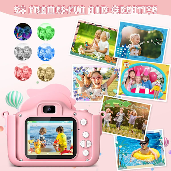 Dinosauruskamera, lasten kamera 2 tuuman näytöllä, 1080P, 32GB lasten selfiekamera, sopii kaikille 3-12-vuotiaille lapsille, pojille tai tytöille Pink