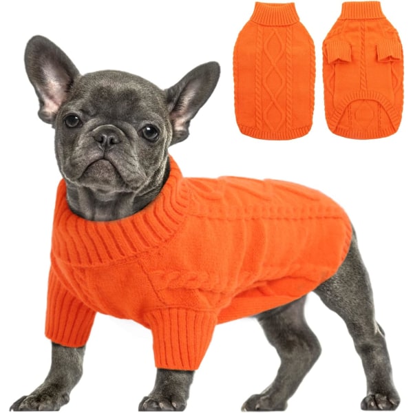 Liten hundtröja, kabelstickat plagg för kallt väder, klassiska tjocka varma kläder med turtleneck för chihuahua, bulldog, tax, mops (orange, stor)