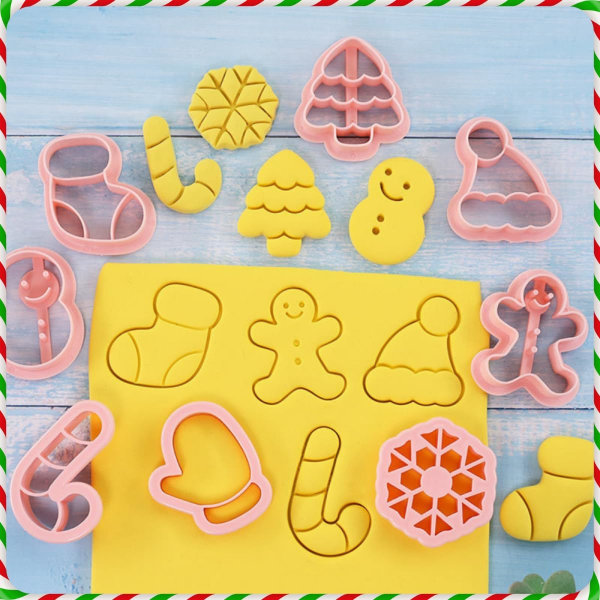 Jul Cookie Cutters Set om 8, Squeezable Plast Jul Cookie Cutters, Julgran, Snögubbe, Pepparkaksgubbe, Sockhandskar, Strumphätta