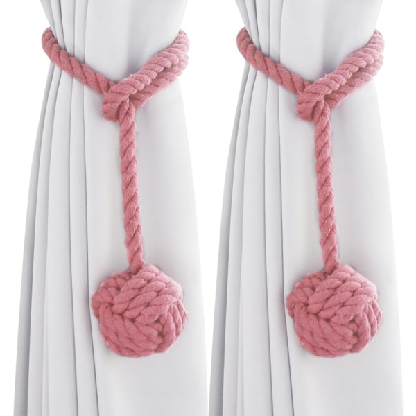 Sæt med 2 håndstrikkede lyserøde gardinbindinger i bomuldsgardinbånd til kontorindretning i soveværelset