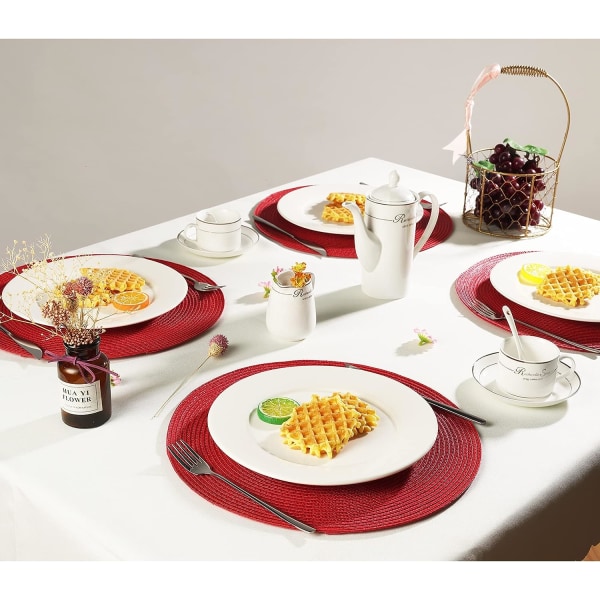 Set med 6 runda bordstabletter, värmebeständiga tvättbara bordstabletter Plastunderlägg för kök, röd
