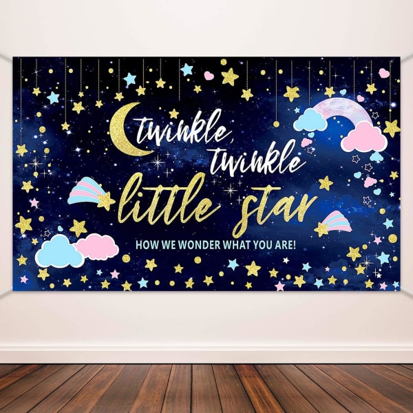 Kjønnsavsløring Banner Fotografi Bakgrunn Rosa Blå Sky Banner Glitter Liten Stjerne Baby Shower Foto Banner for Fest, 72,8 X 43,3 Tommer