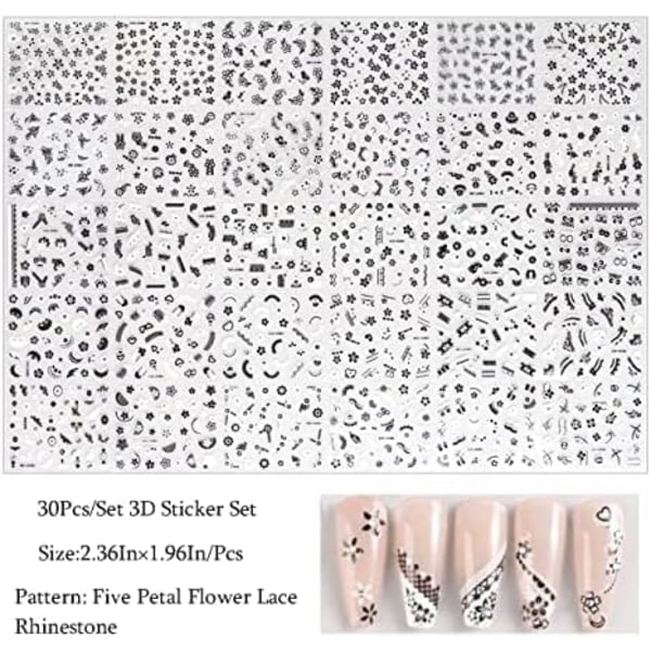 Flower Nail Art Stickers 3D Self-Adhesive Black Flower Nail Decal Ice Crystal Flower Daisy Bow Tie Heart Nail Designs Nail Art Supplies 30pcs