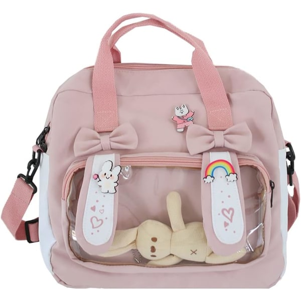 Kawaii Backpack Cute Messenger Bag Crossbody Canvas Tote Bag for Women Kawaii Ita Bag med Kawaii Accessoarer-rosa