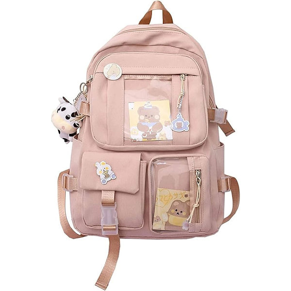 Kawaii Rygsæk med søde pin-tilbehør Plys Vedhæng Kawaii Skolerygsæk Sød Æstetisk Rygsæk-Pink