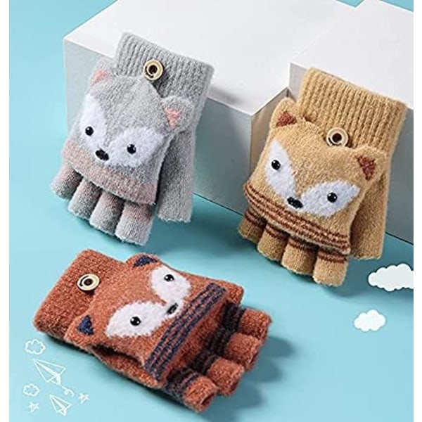 Baby Cartoon Fox Winter Glove Hanging Neck Knit Warm Mitten with Rope Kid Full Finger Glove Xmas Gifts,coffee