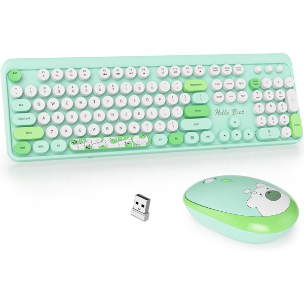 Grønn skrivemaskin trådløst tastatur og mus, fargerikt tastatur i full størrelse på kontoret 2.4G søtt estetisk tastatur for datamaskin, bærbar PC Grønn
