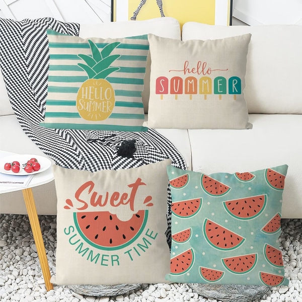 Sommerputetrekk 18x18 tommer sett med 4 ananas vannmelon popsicle putetrekk kule sommergårdshus putetrekk dekor for sofa sofa