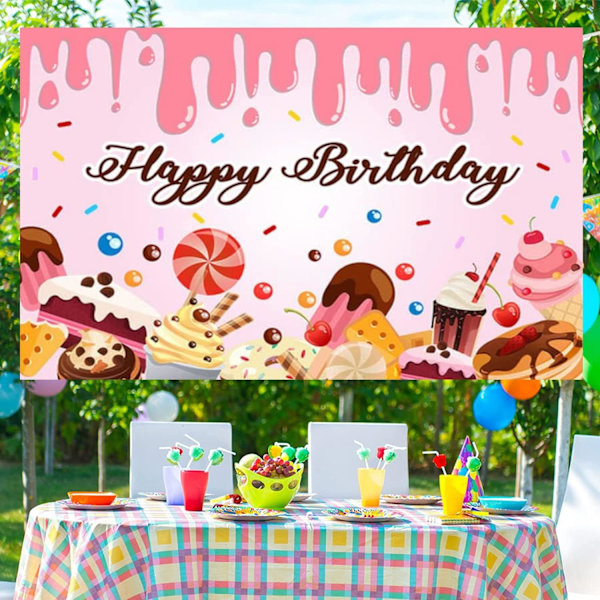Dessert-tema Grattis på födelsedagen Banner Rosa Födelsedag Bakgrund Dekoration Dessert Bakgrund för Födelsedagsfest Dekoration Fotografi Bakgrund