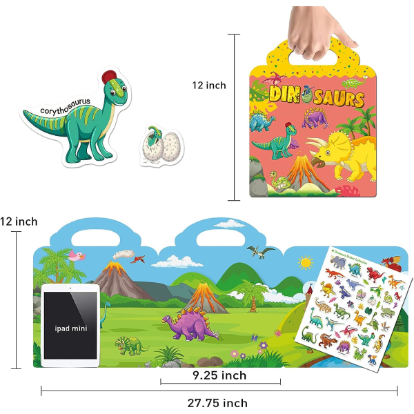 2 pakke klistermærkebøger til, genanvendelige klistermærker til småbørn 1-4 år, dinosaurer tema rejseaktivitetsbøger til, børnehave fødselsdagsgave