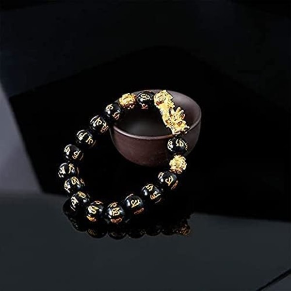 Feng Shui Black Obsidian Wealth Armband, Feng Shui Pi Xiu 14mm Black Hand Carved Mantra Justerbart Elastiskt pärlarmband