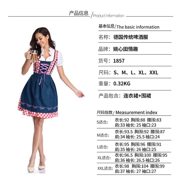 Generisk Dirndl 3-delt, bayersk traditionel kjole med bluse og ternet forklæde, Oktoberfest Dirndl til folkefest, karneval, fest Blue L