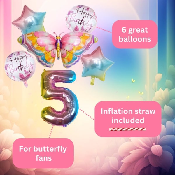 Perhospallon syntymäpäiväkoristeet 5 set - perhosjuhlat, ilmapallo numero 5, vaaleanpunainen sateenkaari, folio ilmapalloeläimet Hyvää syntymäpäivää koristeet