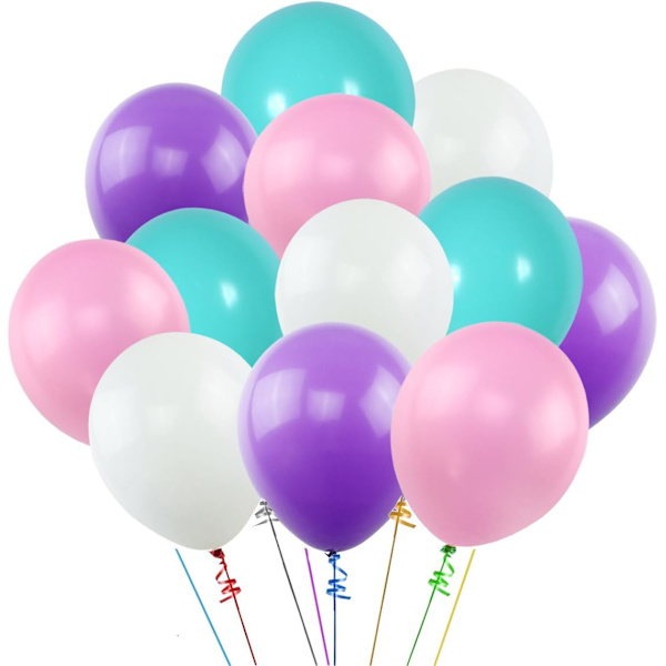 100 stk. Enhjørning Balloner, Hvide Lilla Rosa Blå Assorterede Latex Balloner til Baby Shower Fødselsdagsfest Dekorationer, 2 Ruller Bånd
