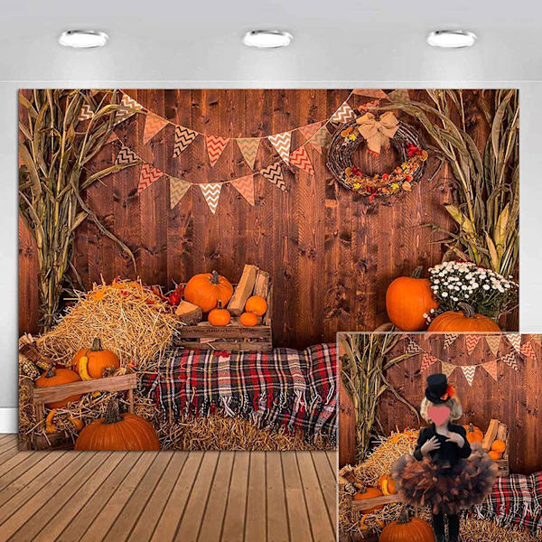 Efterår Thanksgiving Fotografi Baggrund Vinyl 7X5FT Rustik Trægulv Lade Høst Foto Baggrund Efterår Græskar Høstfest