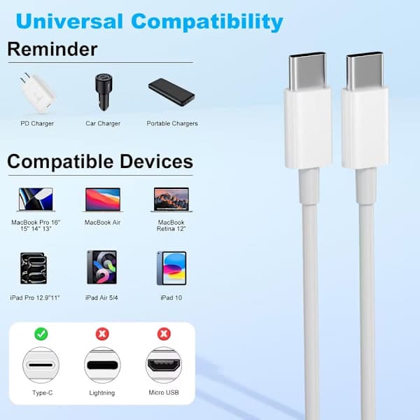 USB-C-kabel 1m – Hurtigopladning til iPhone 15/16 & Android