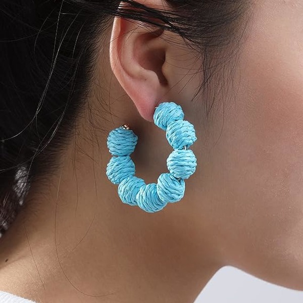 Rattan Earrings Summer Boho Raffia Ball Hoop Dangle Earrings for Women Girls Lightweight Straw Wicker Statement Earrings