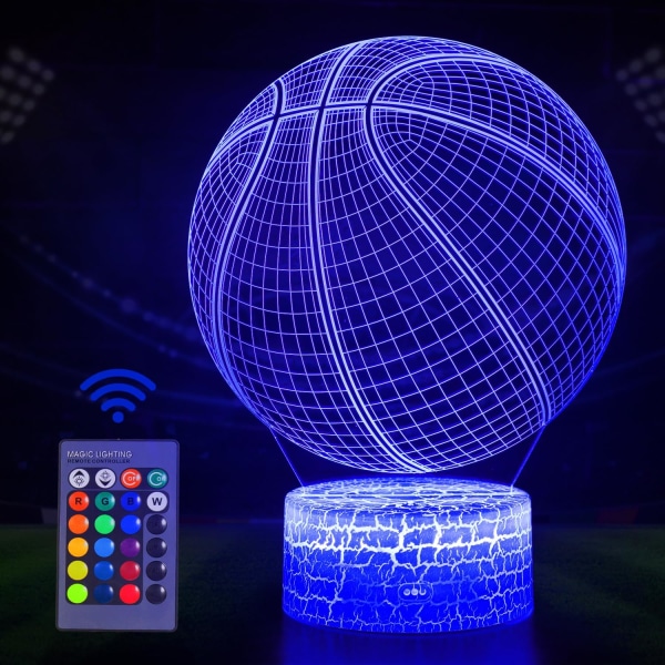 Basketball-natlys til børn, 3D Illusion-lampe, LED-lysfjernbetjening 16 farver, der kan dæmpes, julegaver