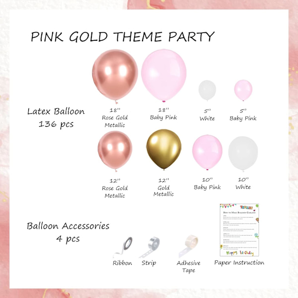 Rosa ballongbue sett 140 stk, babyshower dekorasjoner for jente med rosegull metallisk babyrosa ballonger girlander for festdekorasjoner