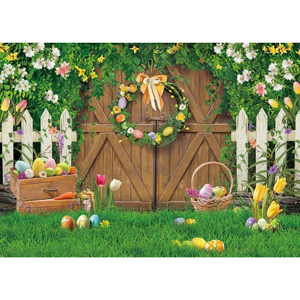 7x5ft Vårpåske Bakgrunn Tre Låvedør Grønt Gress Påske Fotoshoot Bakgrunn Påske Bakgrunner for Vårblomster Påske Foto Bakgrunn