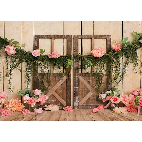 Nyfödd bebis babyshower bakgrund trä dörr fotografering bakgrund rosa blomma fotostudio rekvisita för babyflicka födelsedagsfest dekor affisch 7x5FT