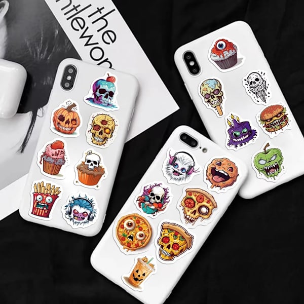 Halloween-tarrat, 50 kpl lapsille ja aikuisille vesipulloon, kurpitsa- ja ruokatarrat, vedenpitävät tarrat, kannettavan tietokoneen rullalaudan vinyylitarrat ja paljon muuta.