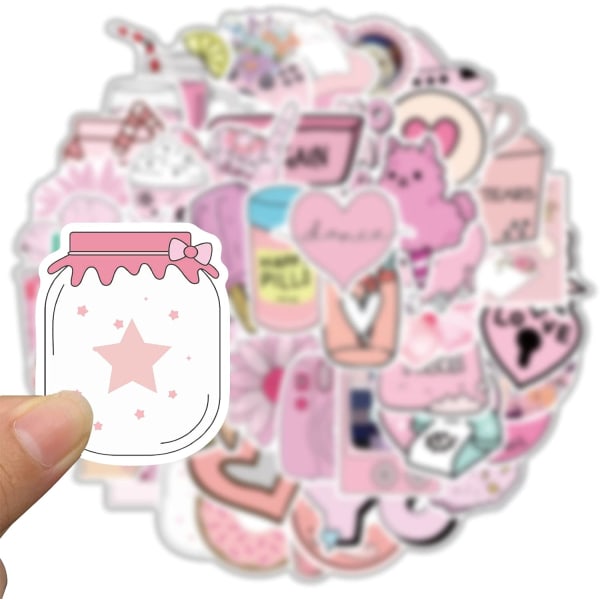50 stk. Kawaii lyserøde klistermærker - søde æstetiske smukke VSCO Grils Preppy klistermærker til vandflaske, bærbar computer, bagage, computer