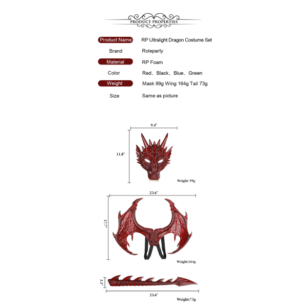 Red RP Dragon Wings Set om tre, Halloween Cosplay tredelad kostym, drakvingar och set