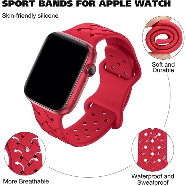 Silikonflettede vevbånd kompatibel med Apple Watch 38mm 40mm 41mm , erstatningssilikon Sport pustende stropp for kvinner menn-rød