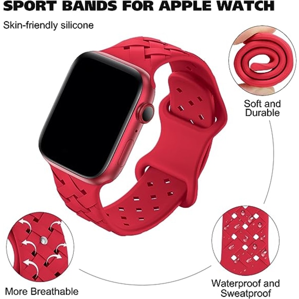 Silikonflettet vevbånd kompatibel med Apple Watch 42mm 44mm 45mm 49mm, erstatning silikon sportsåndbar stropp for kvinner menn-rød