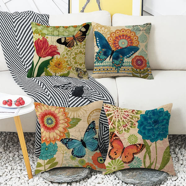 Vår sommar kuddfodral 18x18 set om 4 bondgård prydnadskuddfodral linne blomma fjäril dekorativa örngott för soffa vardagsrum