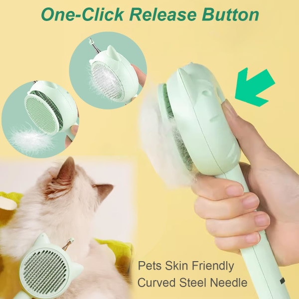 5 in 1 Cat Brush with Release Button Cat Comb Cuddles And Meow - Interactive Cat Toys Pet Hair Cleaner Brush for Cats and Dogs (Green)