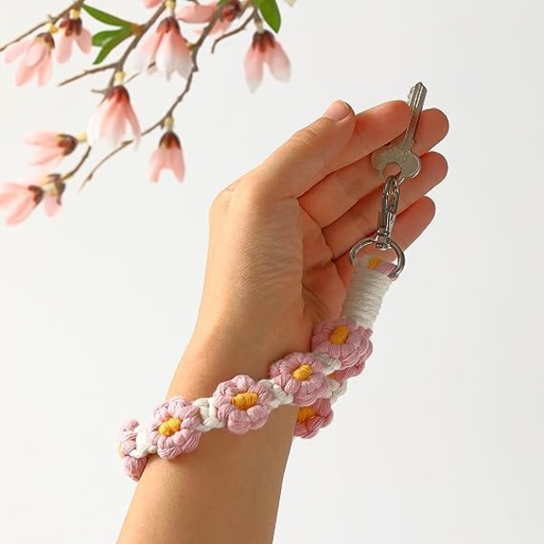 Macrame Daisy Wristlet Keychain, Søde Blomster Nøgleringe til Kvinder Piger Boho Håndlavet Håndledsrem Bilnøgler Nøgleringe