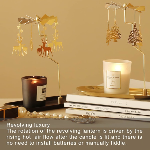 Snurrande ljushållare med bricka, Glod Carousel Candle Spinner, Roterande metall värmeljusstake för bordet mittpunkt (guldfjäder)