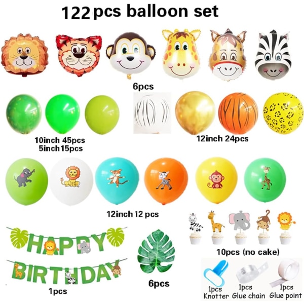 Ballongbue Girlandersett for Barn Bursdagsfest Dekorasjoner (122Pcs Jungle Animal Balloons Arch Garland Kit) (Animal Party)