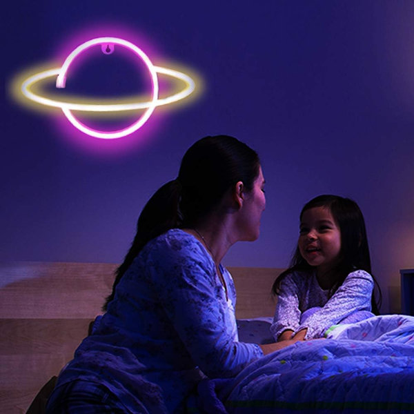 Neon-skilt - planet/neonlys til soveværelset | Neonskilte til vægdekoration lyser op til fødselsdagsbryllupsfest juleværelsesdekorationer (pink & gul)