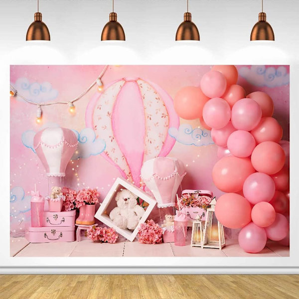 Baby Bear födelsedag bakgrund rosa ballonger blommig flicka porträtt bakgrund fotostudio varmluftsballong fotocall rekvisita (7x5FT/2.1x1.5m)