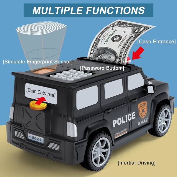 Sparegris til drenge og piger, Mini ATM Politibil Bank Møntbank Pengesparebøsse med adgangskode, Elektronisk pengebank Legetøjsbil med musik, Sort