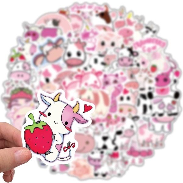 Söpö vaaleanpunainen lehmä tarra Kawaii tarrat juhliin Vinyyli vedenpitävät sarjakuvaeläintarrat vesipulloon, kannettavaan tietokoneeseen, kirjekuoriin, askarteluun Scrapbooking 50 kpl